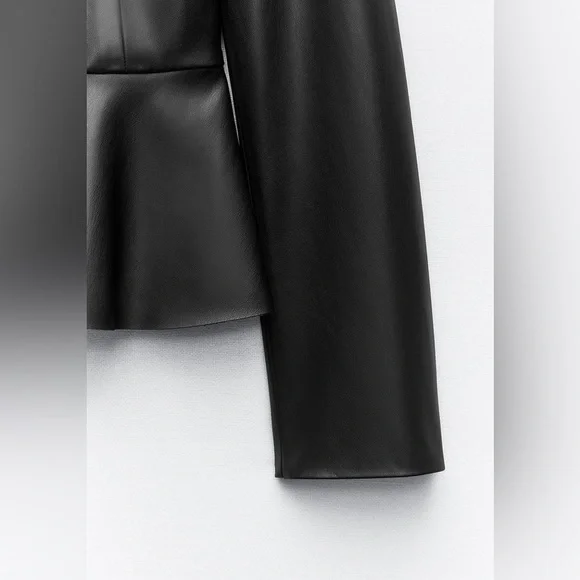 NWT. Zara Black Faux Leather Peplum Blazer/Jacket. Size L, XL. - Picture 9 of 16